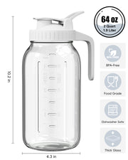 VA1KENE Glass Pitcher 64 oz Mason Jar Pitcher with Lid and Spout Leakproof for Drinks Juice Coffee Milk Tea White