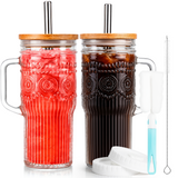 VA1KENE 22oz 2 Piece Glass Tumbler with Lids and Straws Bohemian Glass Drinking Cups with Handle for Juice Tea Smoothies