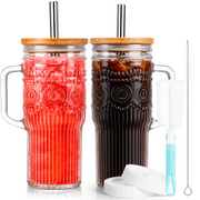 VA1KENE 22oz 2 Piece Glass Tumbler with Lids and Straws Bohemian Glass Drinking Cups with Handle for Juice Tea Smoothies