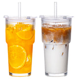 VA1KENE 20oz Glass Tumbler with Straw and Lid Leakproof Glass Cups for Iced Coffee, Juice, Tea, Smoothies, Beer Clear 2 Pack