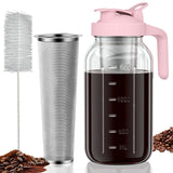 VA1KENE Cold Brew Coffee Pitcher 64oz Cold Brew Maker with Stainless Steel Filter Mason Jar Pitcher Pour Spout Handle Lid for Iced Coffee Tea Lemonade Pink