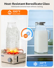 Borosilicate Glass Pitcher with Lid & Handle – Heat Resistant Glass Carafe for Hot & Cold Drinks, Iced Tea, Coffee & Fridge Storage