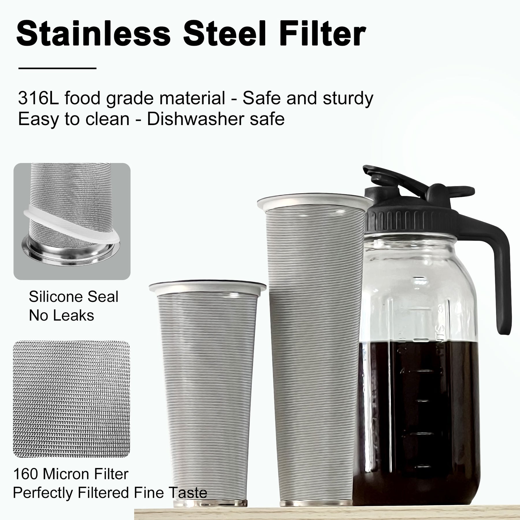 VA1KENE 64oz Cold Brew Coffee Pitcher Ice Coffee Maker with Spout, Handle & Stainless Steel Filter Coffee Maker with lid for Home Kitchen-Black