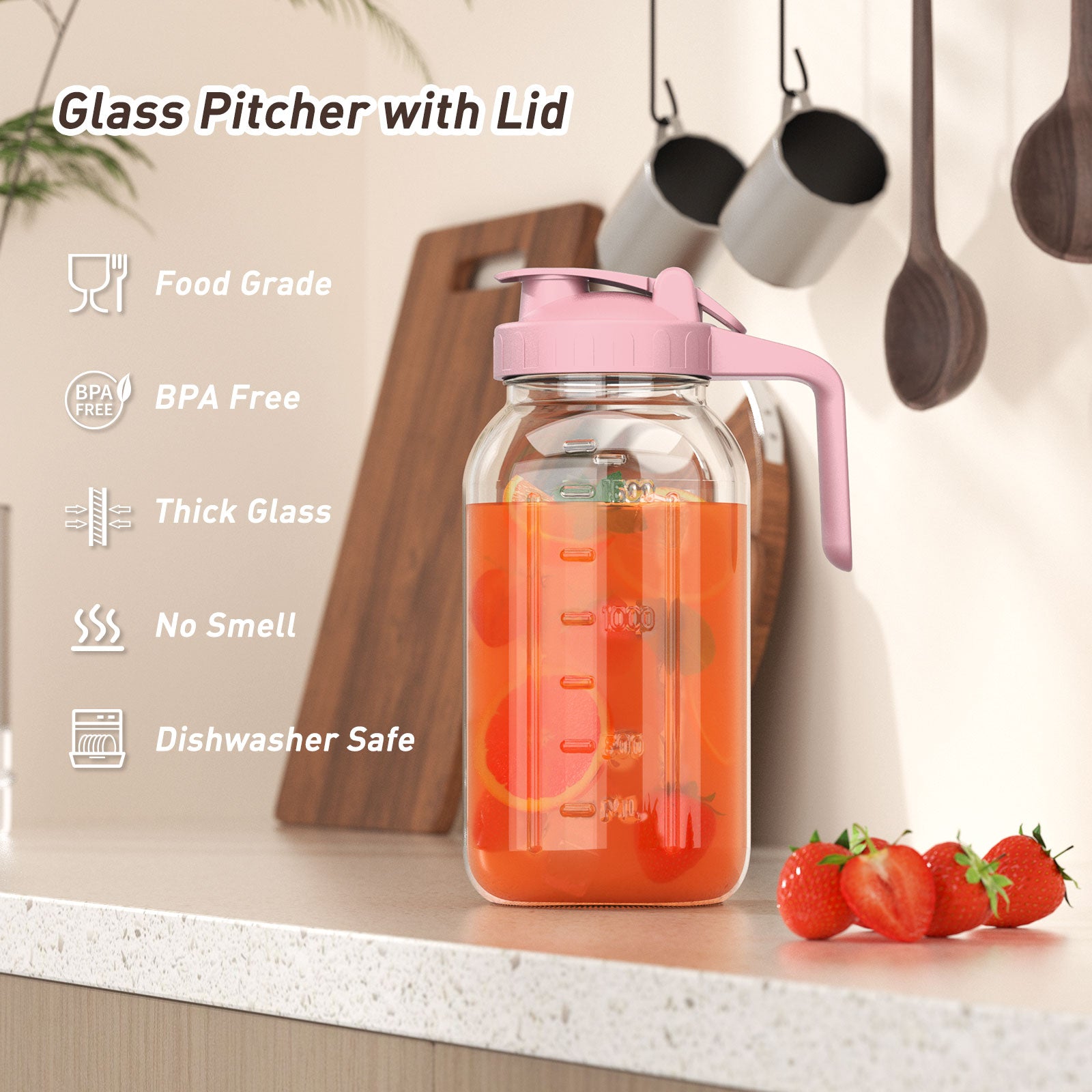 VA1KENE Mason Jar Pitcher 2 Quart Glass Pitcher with Lid and Pour Spout Leakproof for Juice Coffee Milk Beverages Tea Pink