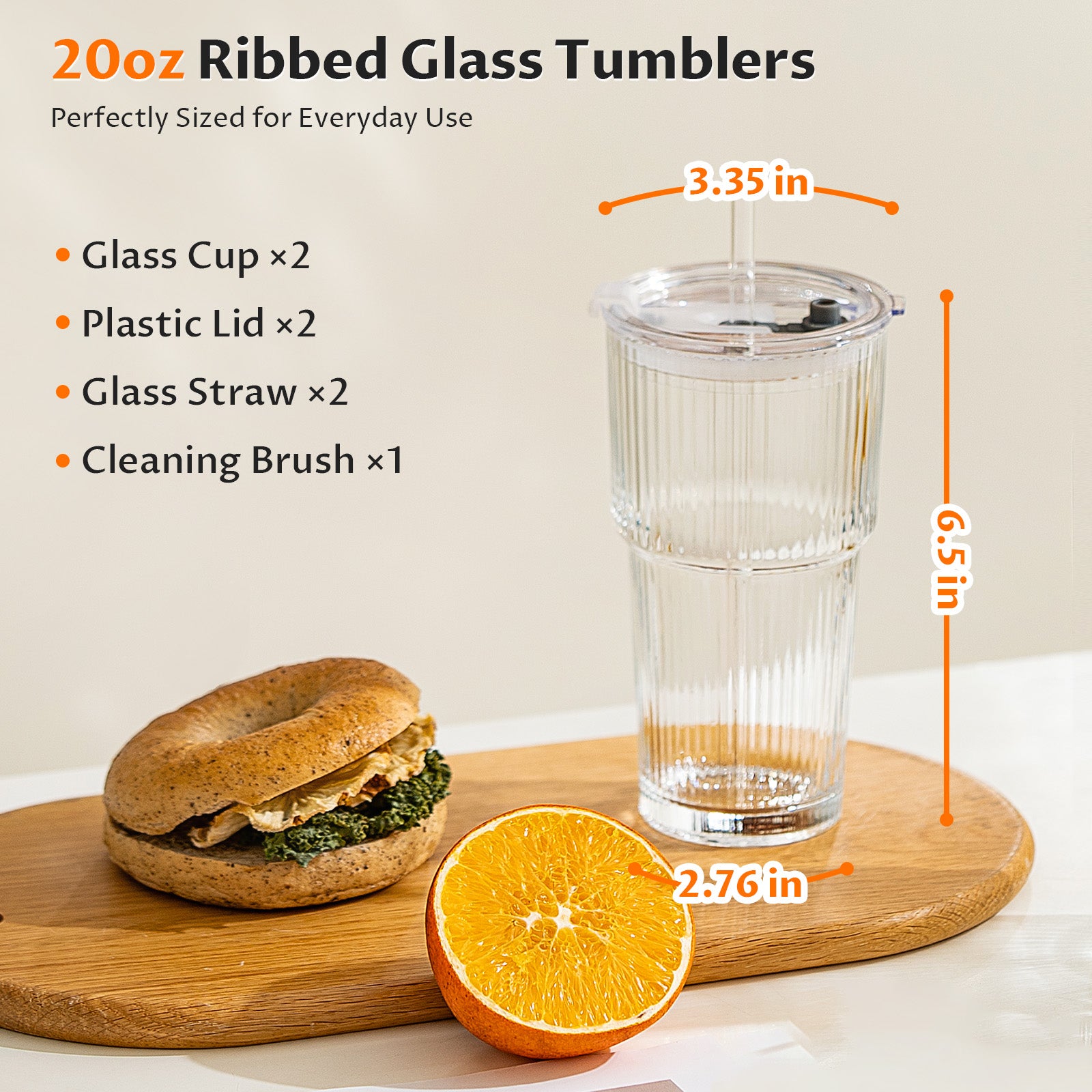 VA1KENE 20oz Glass Tumbler with Straw and Lid Leakproof Glass Cups for Iced Coffee, Juice, Tea, Smoothies, Beer Clear 2 Pack