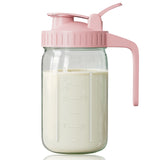 Breast Milk Pitcher 32oz Mason Jar with Wide Mouth and Handle-Pink Glass Pitcher with Flip Cap Lid and Pour Spout Airtight Seal for Cold Beverages