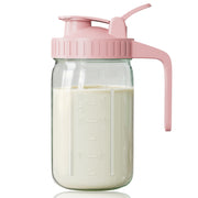Breast Milk Pitcher 32oz Mason Jar with Wide Mouth and Handle-Pink Glass Pitcher with Flip Cap Lid and Pour Spout Airtight Seal for Cold Beverages