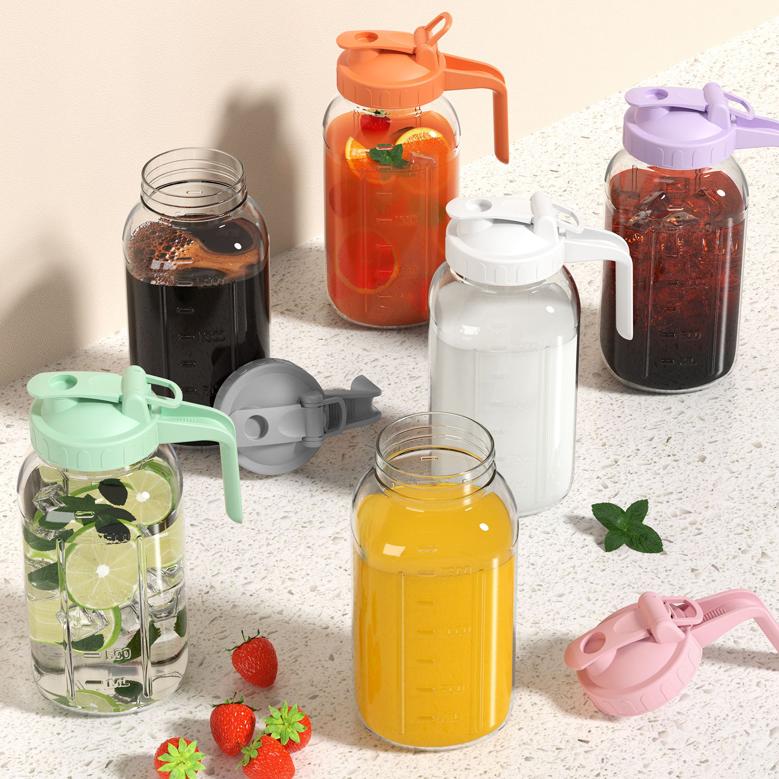 VA1KENE Glass Pitcher 64 oz Mason Jar Pitcher with Lid and Spout Leakproof for Drinks Juice Coffee Milk Tea Purple
