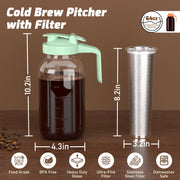 VA1KENE Cold Brew Coffee Pitcher 64oz Mason Jar Pitcher with Stainless Steel Filter Pour Spout Handle Lid Cold Brew Pitcher for Iced Coffee Tea Lemonade Green