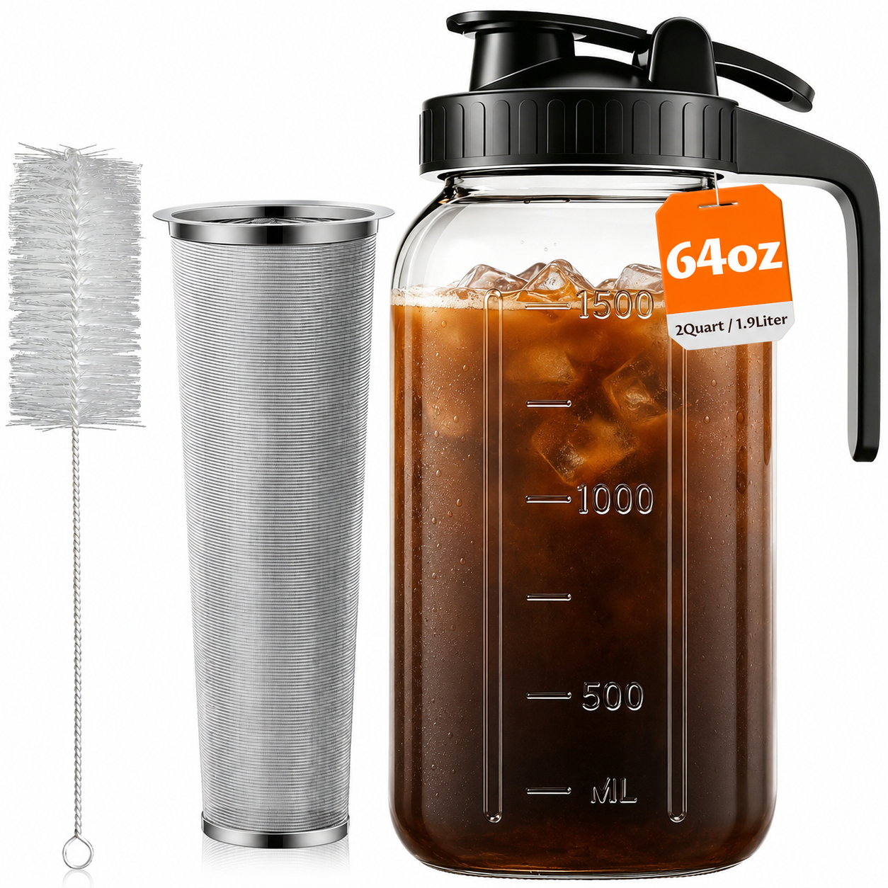 64oz Cold Brew Coffee Maker – Mason Jar Pitcher with Stainless Steel Filter, Leakproof Lid & Easy Pour Spout for Iced Coffee & Tea