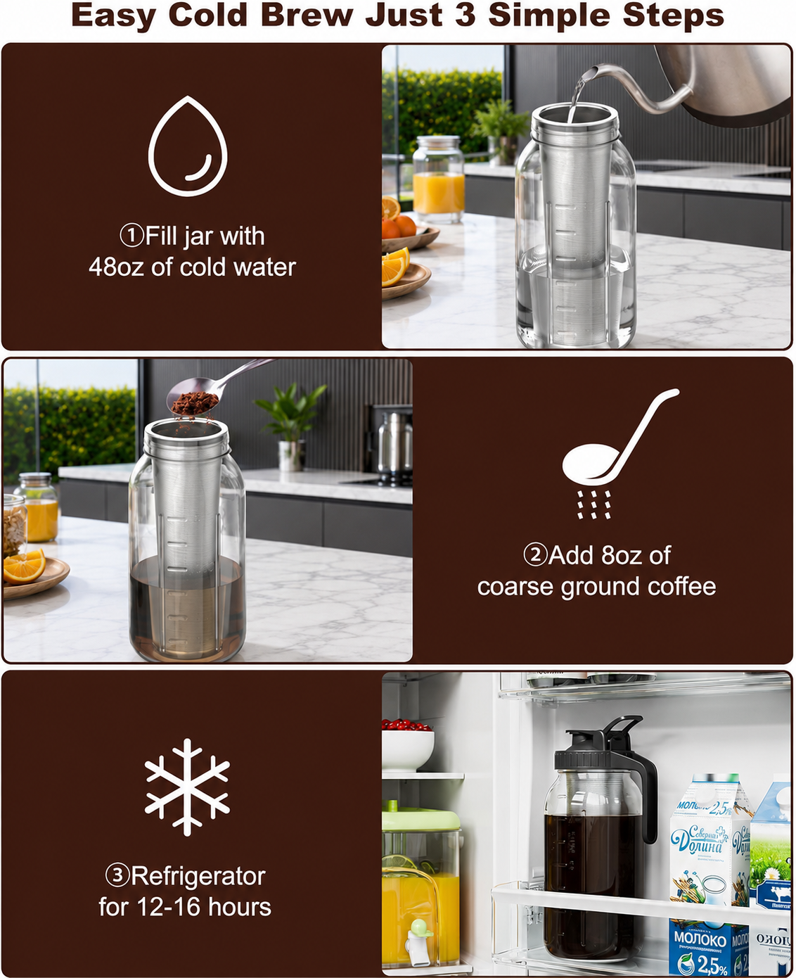 64oz Cold Brew Coffee Maker – Mason Jar Pitcher with Stainless Steel Filter, Leakproof Lid & Easy Pour Spout for Iced Coffee & Tea
