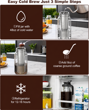 64oz Cold Brew Coffee Maker – Mason Jar Pitcher with Stainless Steel Filter, Leakproof Lid & Easy Pour Spout for Iced Coffee & Tea